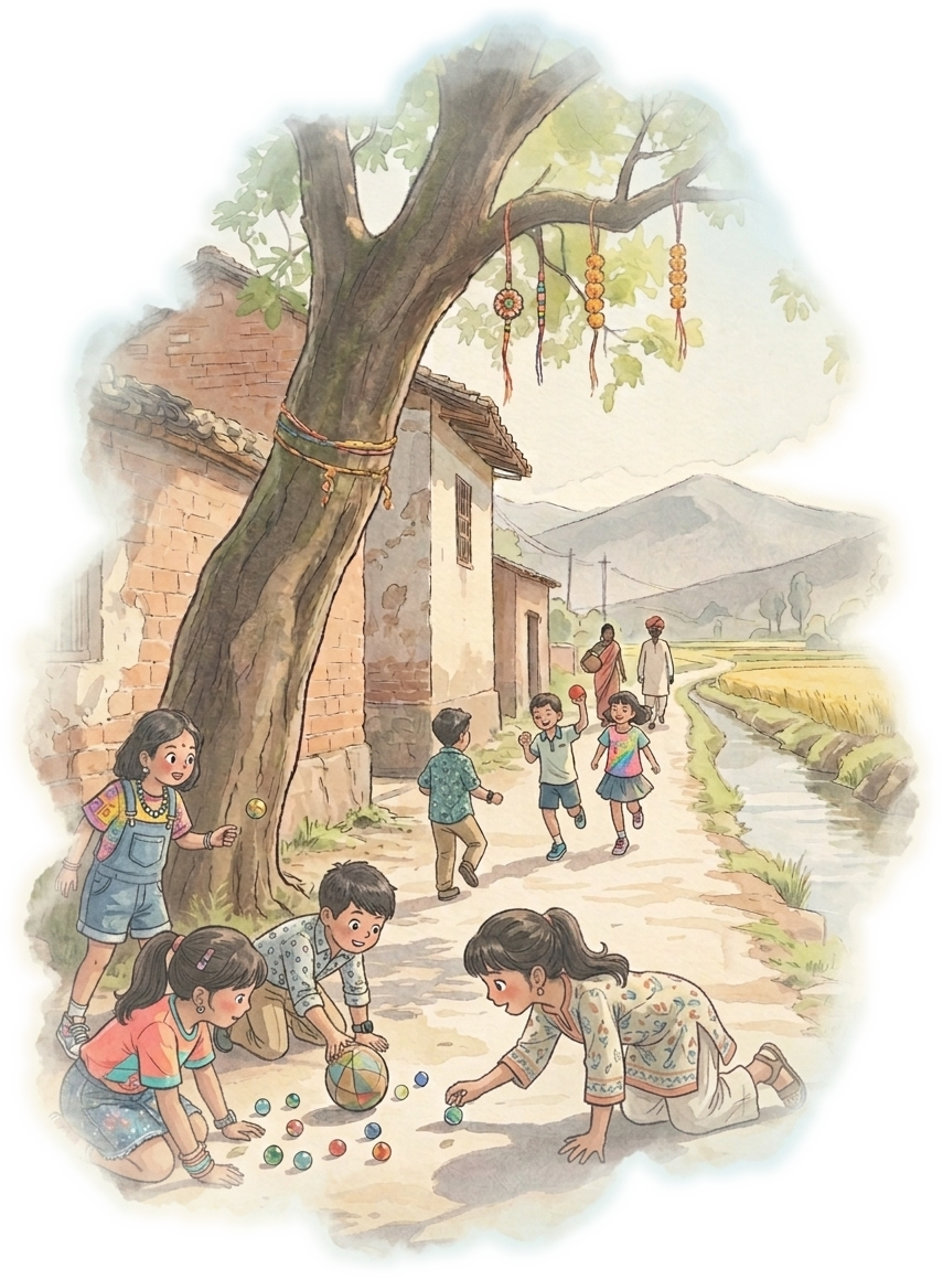 Illustration of children playing in a nostalgic village scene